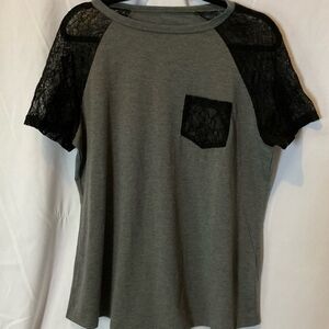 Shein Curve Gray With Black Lace Sleeve Women's Top